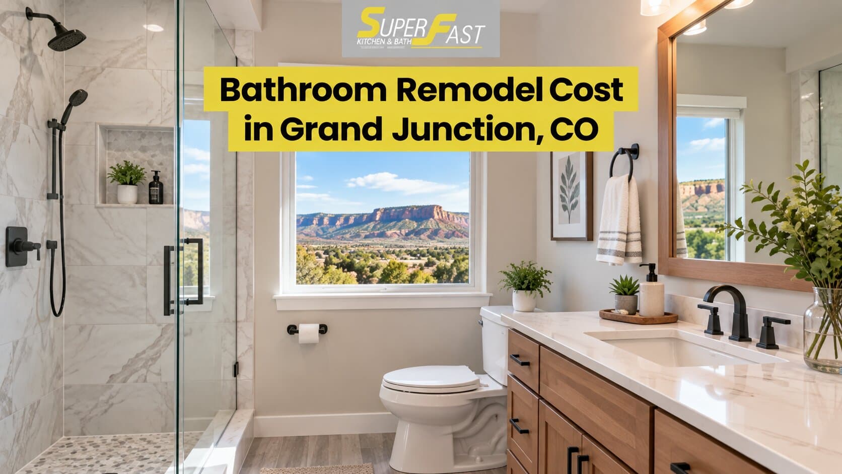 Walk-in shower with glass enclosure and built-in storage
